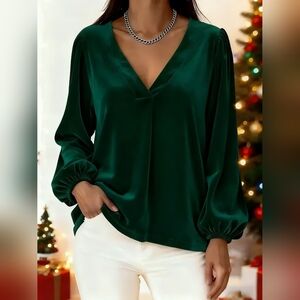 Velvet V-Neck Long Sleeve Blouse Full & Plus Size